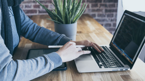 Person tippt am Laptop, daneben Tablet und Pflanze