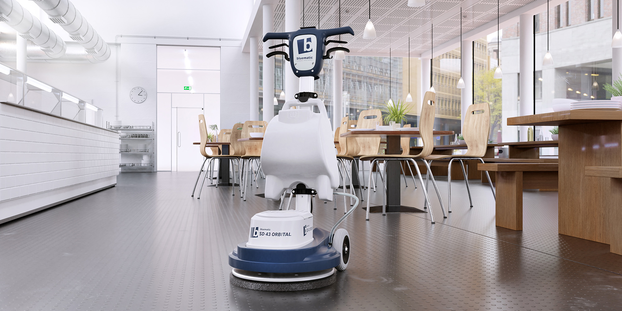 Die neue Einscheibenmaschine SD43 Orbital steht einsatzbereit in einer Kantine