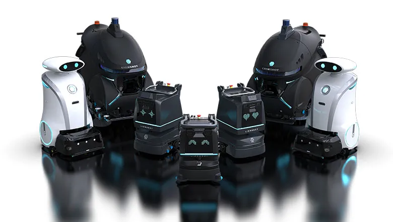 Mehrere LionsBot-Reinigungsroboter nebeneinander