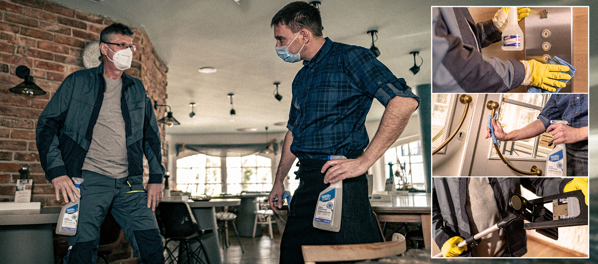 Zwei Personen mit Maske in einem Gastraum, daneben drei kleinere Detailbilder