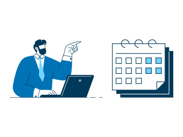 Illustration: Mann am Laptop zeigt auf Wandkalender