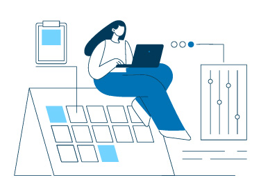 Illustration: Frau mit Laptop auf großem Kalenderblatt