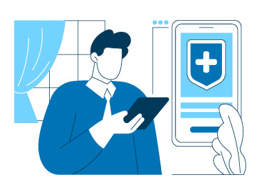 Illustration: Mann mit Tablet, Smartphone mit Schutzschild-Symbol