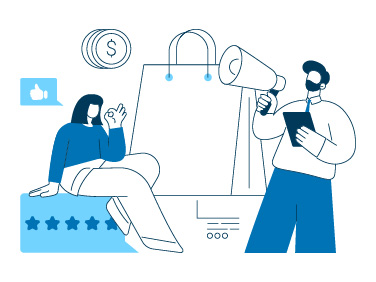 Illustration: Einkaufstasche, Megafon und Sternebewertung