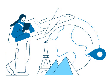 Illustration: Person mit Klemmbrett vor Flugzeug, Globus und Eiffelturm