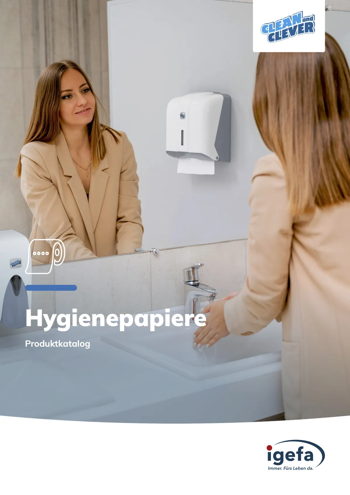 Katalogtitel Hygienepapiere mit Frau am Papierhandtuchspender