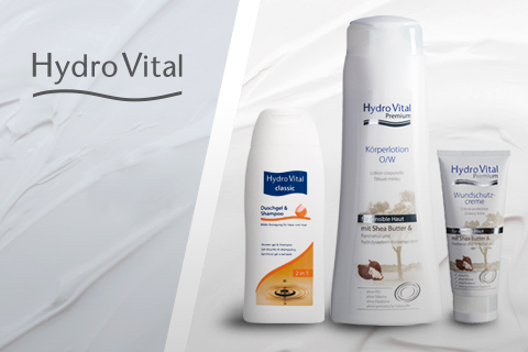 Logo Hydro Vital neben Duschgel, Körperlotion und Wundschutzcreme