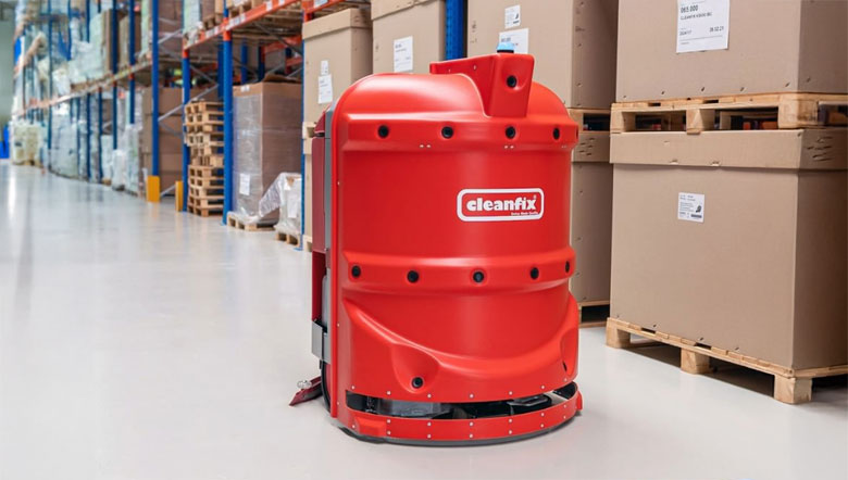 Roter Cleanfix-Reinigungsroboter in einem Lagergang