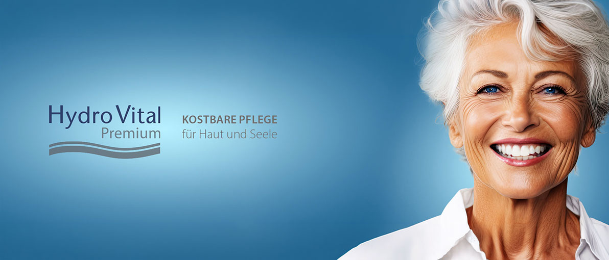 Lächelnde Frau neben dem Schriftzug HydroVital Premium