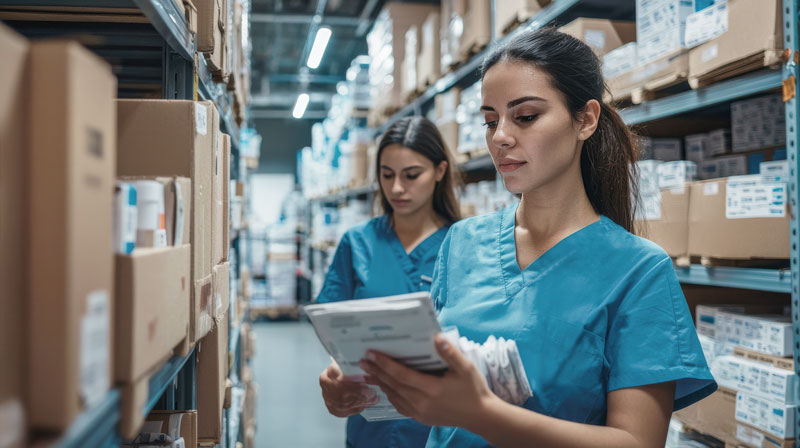 Zwei Pflegekräfte mit Tablet im Materiallager