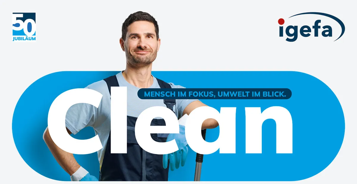Key Visual der CMS 2025: Reinigungskraft neben dem Schriftzug Clean