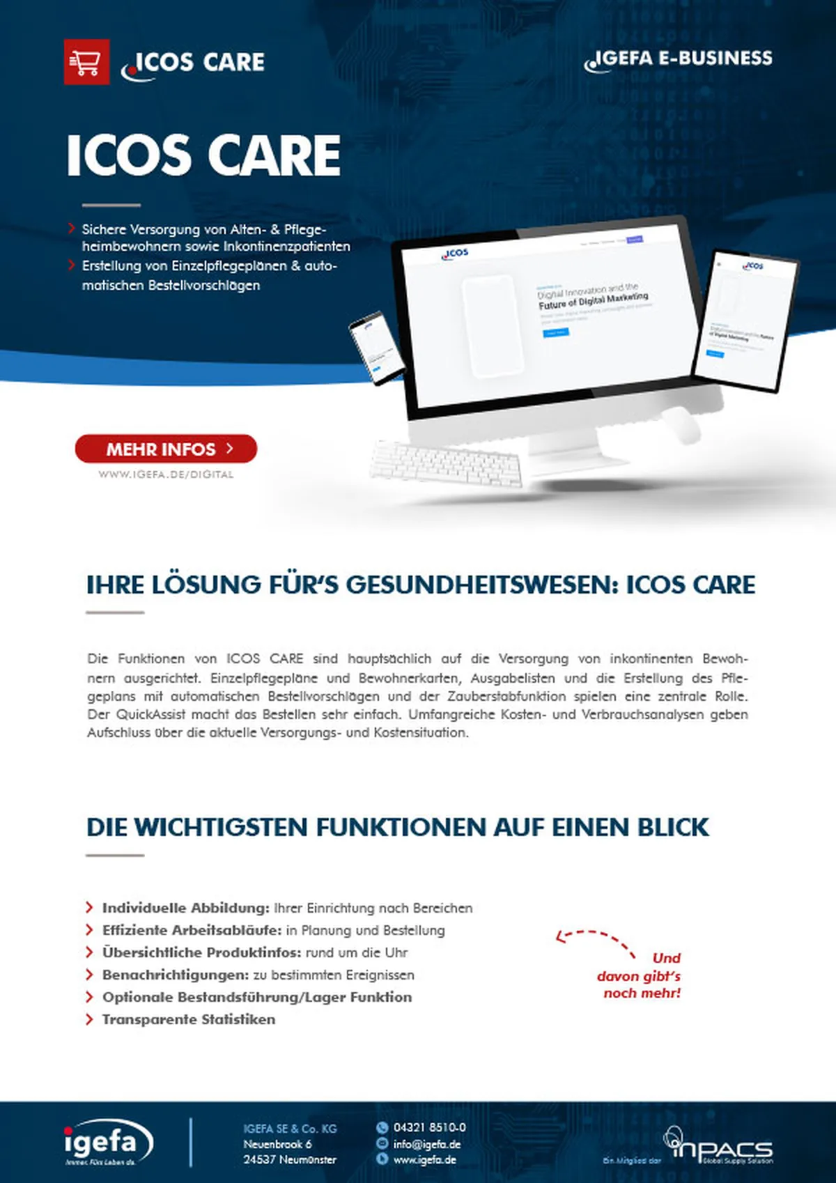 Produktblatt ICOS CARE mit Bestellsoftware auf Tablet und Smartphone