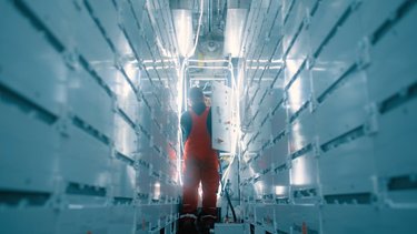 A person in orange overalls stands between rows of illuminated server racks in a high-tech data center.
