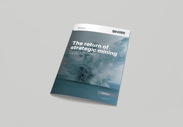 Brochure titled "The return of strategic mining" with an industrial image and SH branding on a gray background.