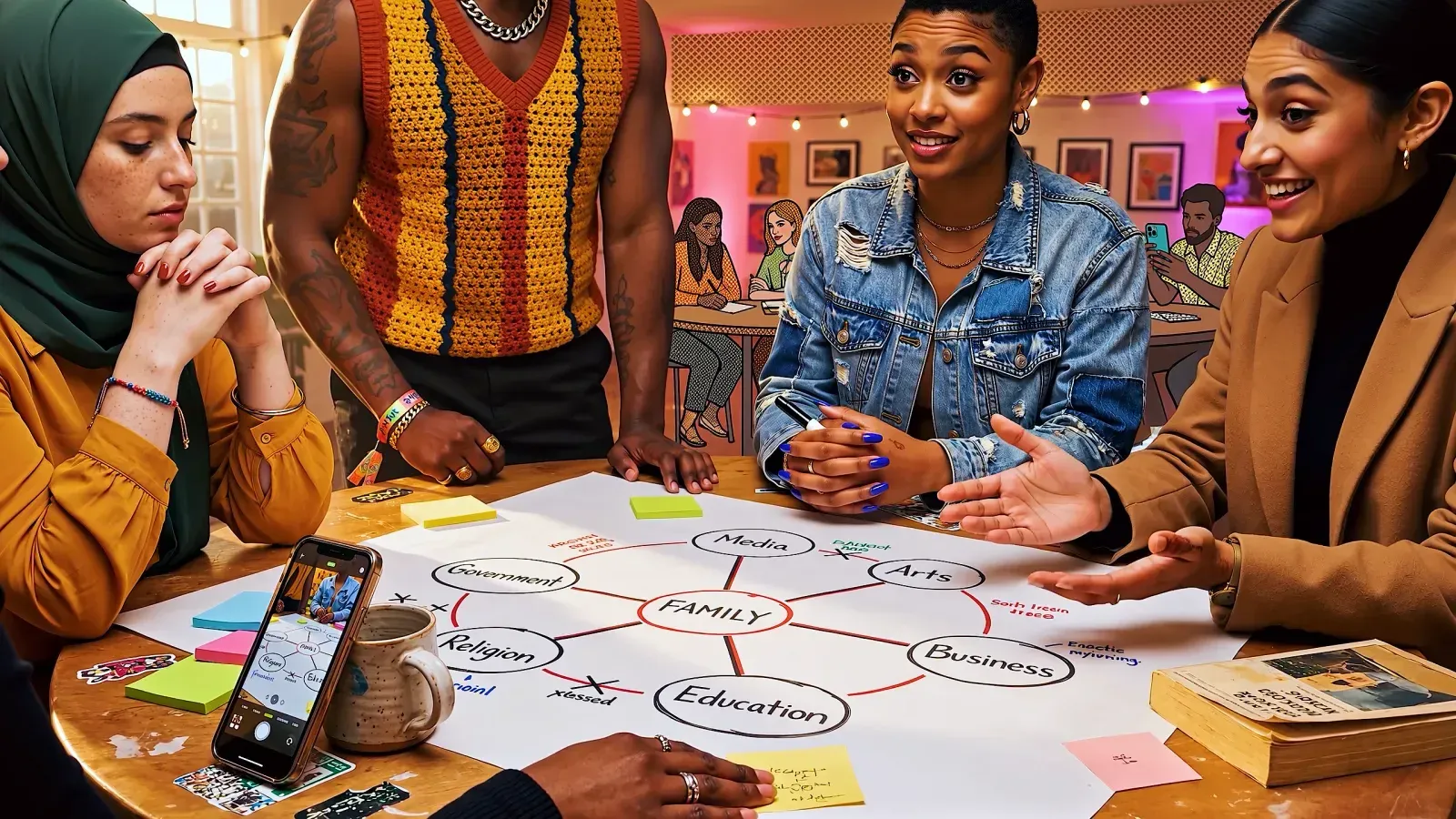 Four people around a table discussing a hand-drawn family and society mind-map on a large sheet