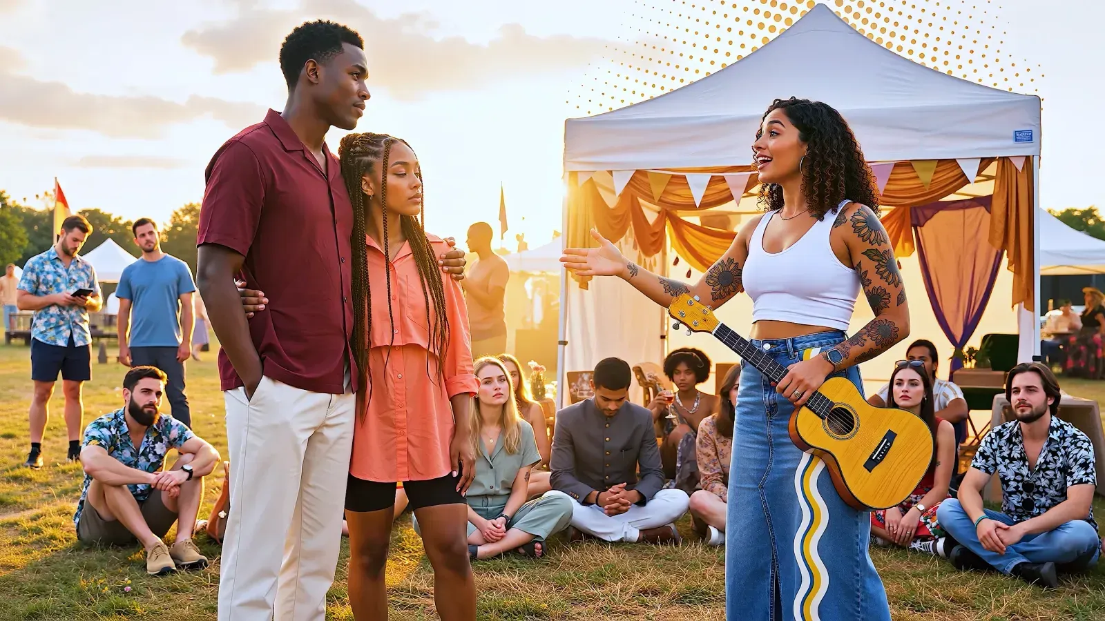 A woman with a guitar talking to a couple at an outdoor festival at golden hour, audience behind