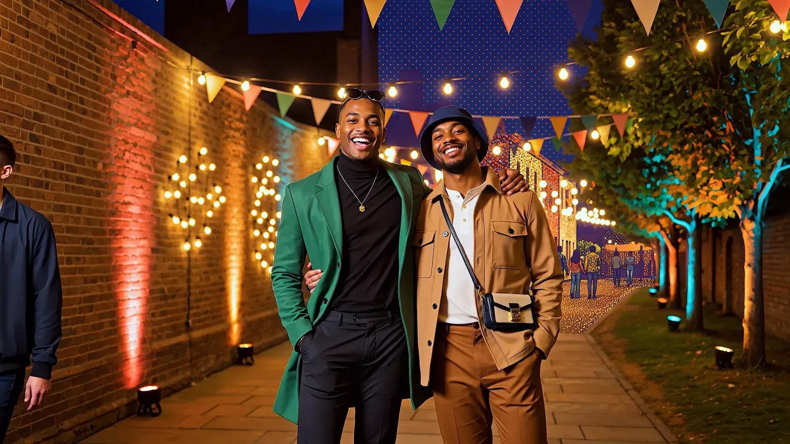 Two smartly dressed men smiling arm-in-arm on a bunting-lit path at an evening event