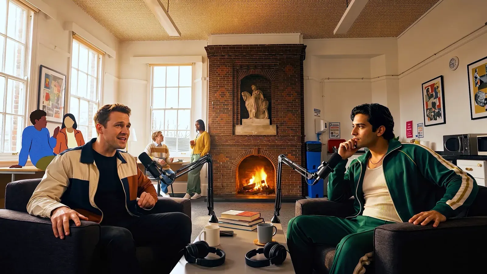 Two men recording a podcast with studio microphones in a bright room with a lit fireplace behind