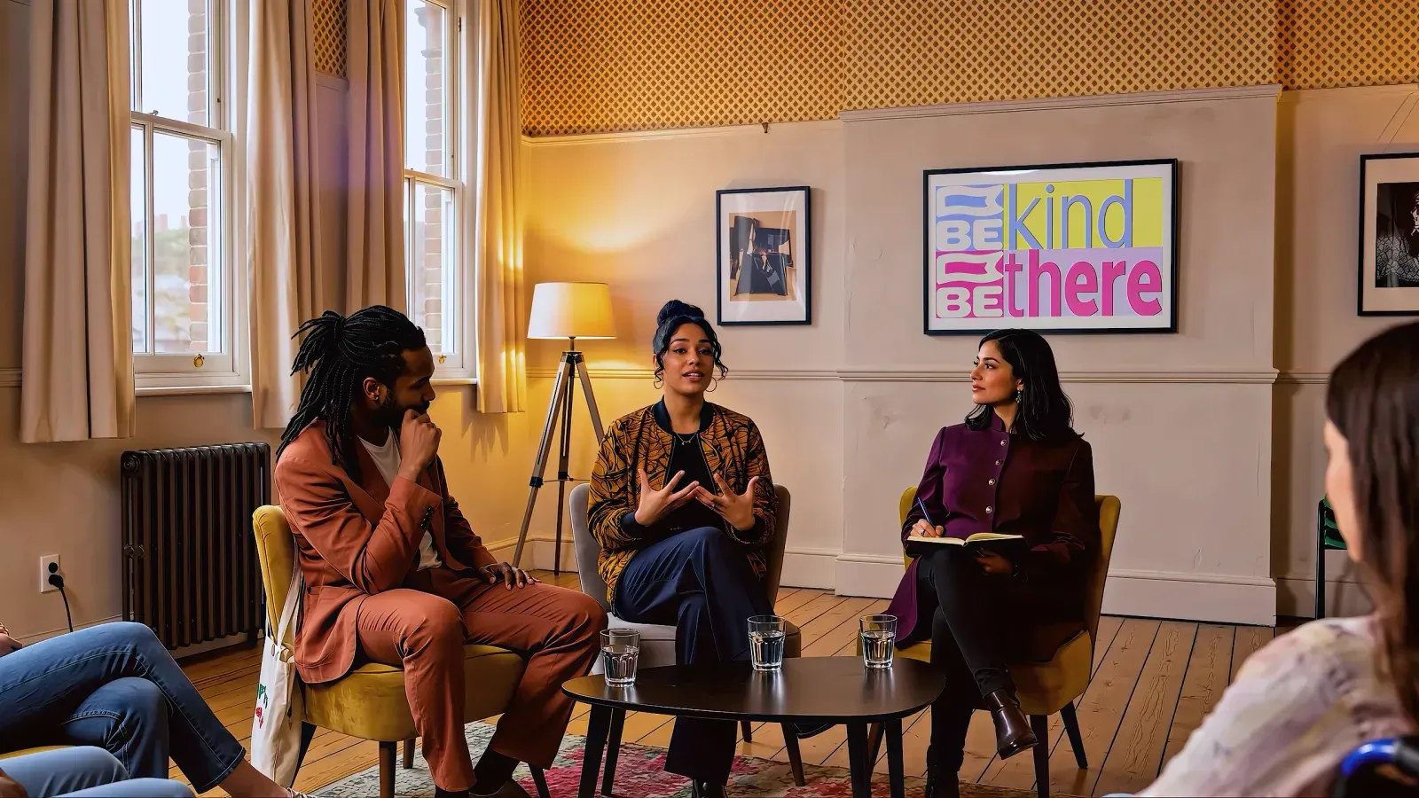 Three people in a sitting-room panel beneath a 'Be kind, be there' poster, one taking notes