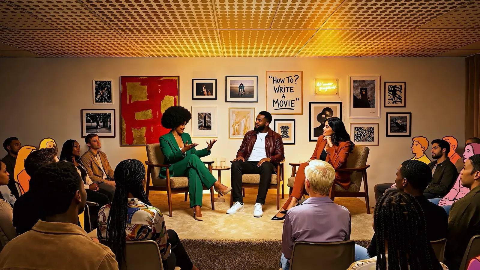 Three people in armchairs at a fireside panel discussion, surrounded by a seated audience