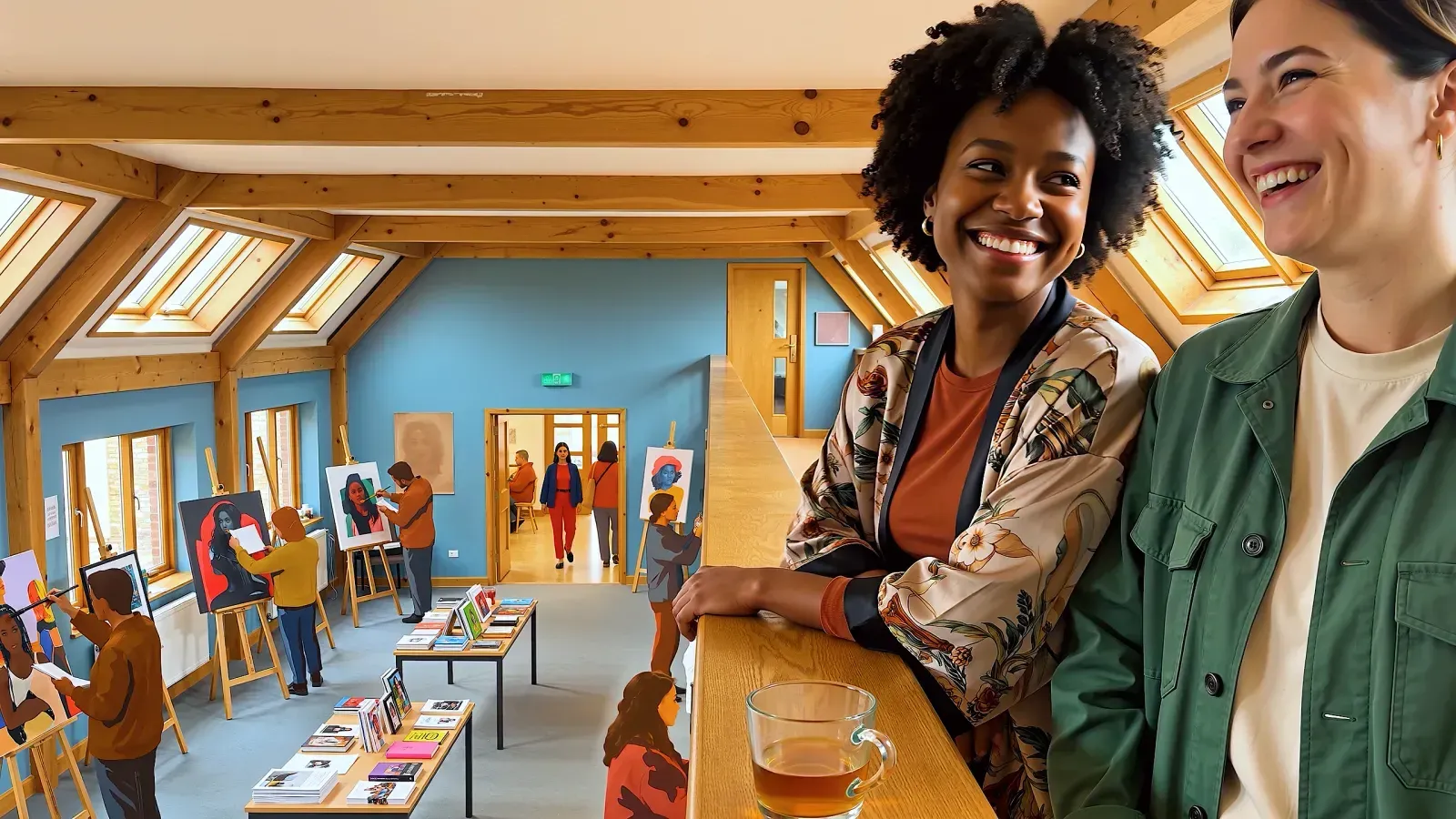Two women smiling at a wooden counter in a bright timber-beamed room, an art class behind them