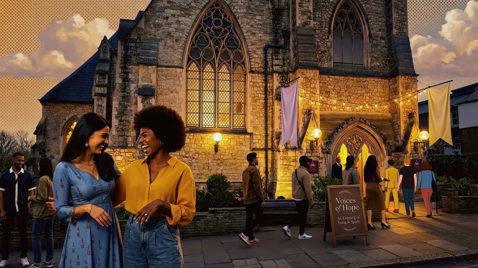 Two women laughing outside a floodlit Gothic stone church at dusk, a 'Voices of Hope' event sign nearby