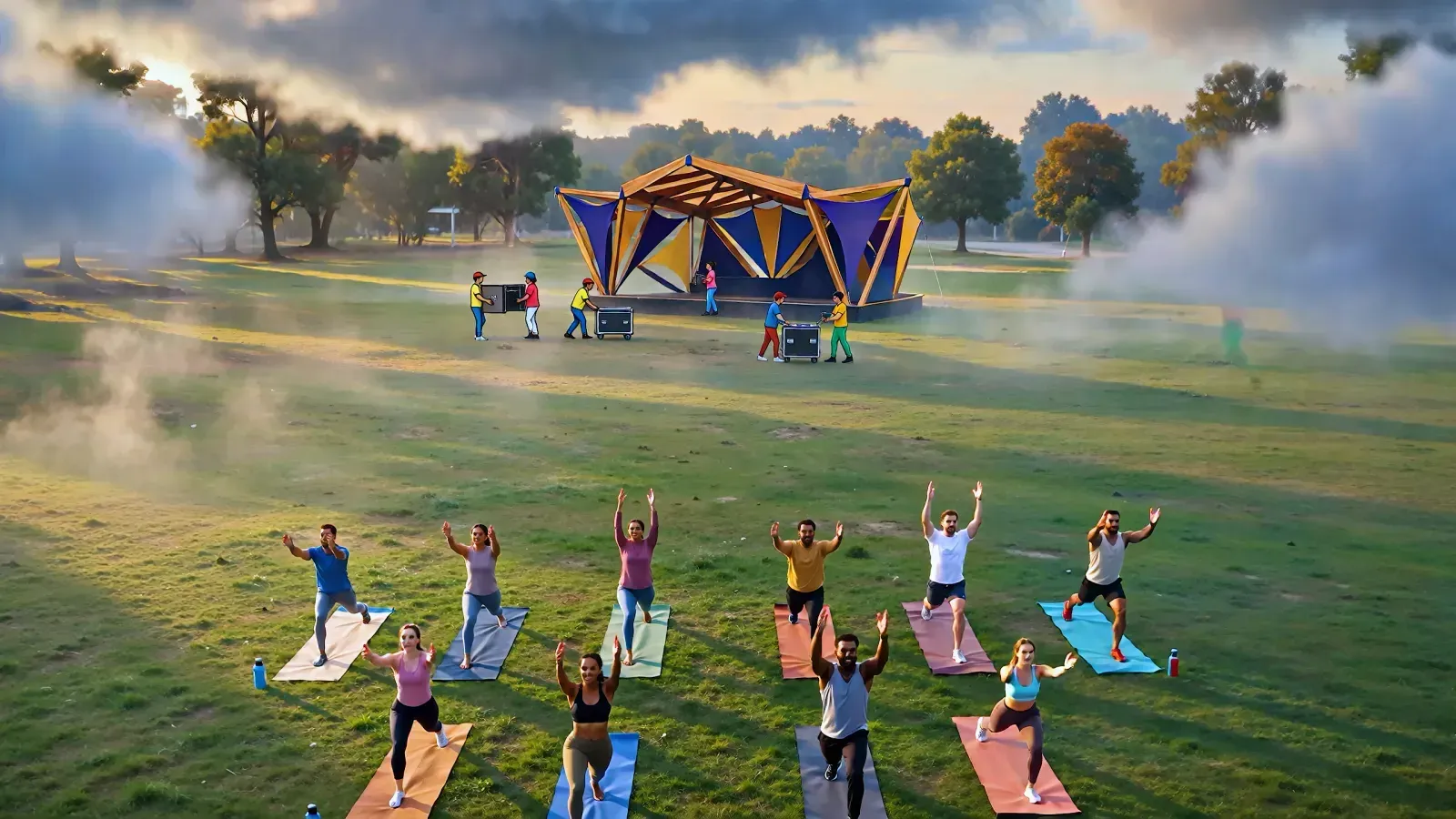 Aerial view of an outdoor morning yoga class on colourful mats in a misty park, a festival stage behind