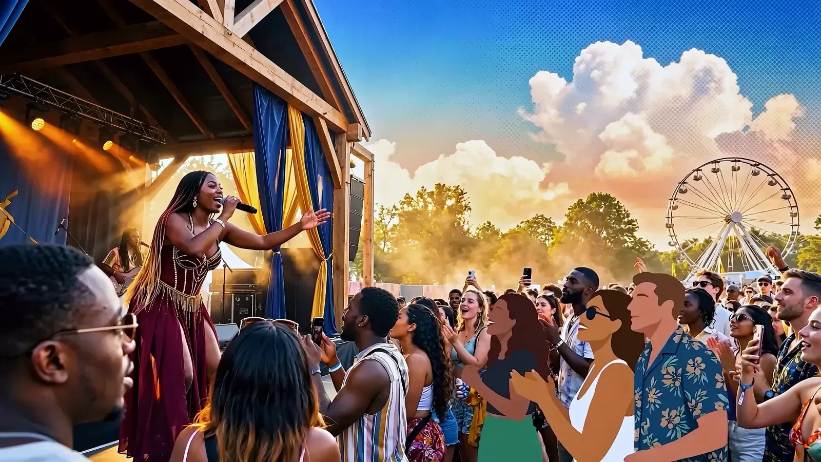 A singer performing on an outdoor festival stage reaching to the crowd, a Ferris wheel behind