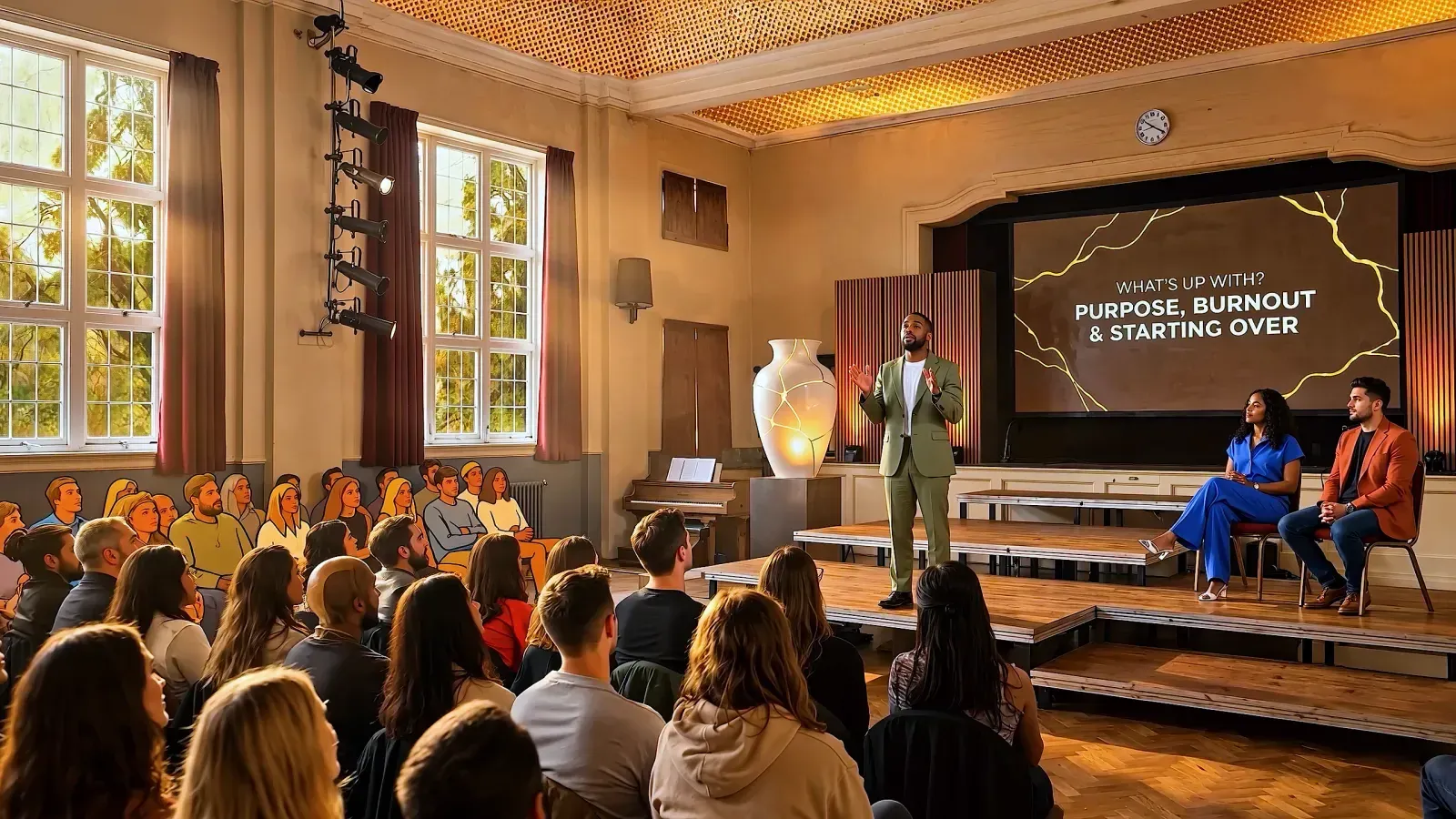 A speaker addressing a seated audience in a hall, a screen reading 'Purpose, burnout and starting over'