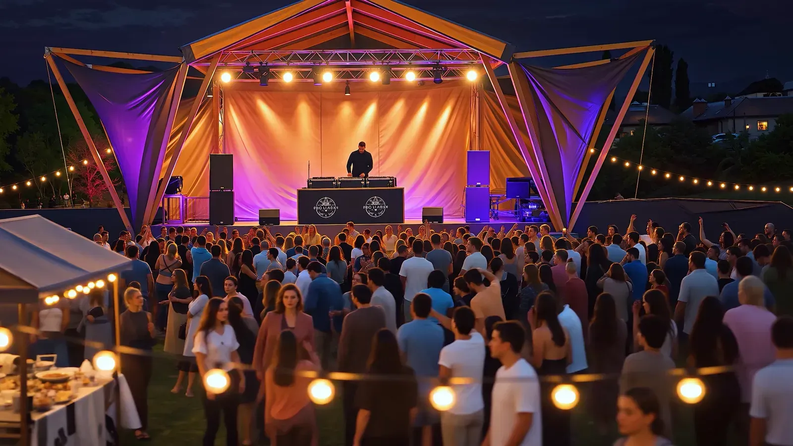 A DJ performing on a large draped outdoor stage at night to a dancing crowd, string lights around