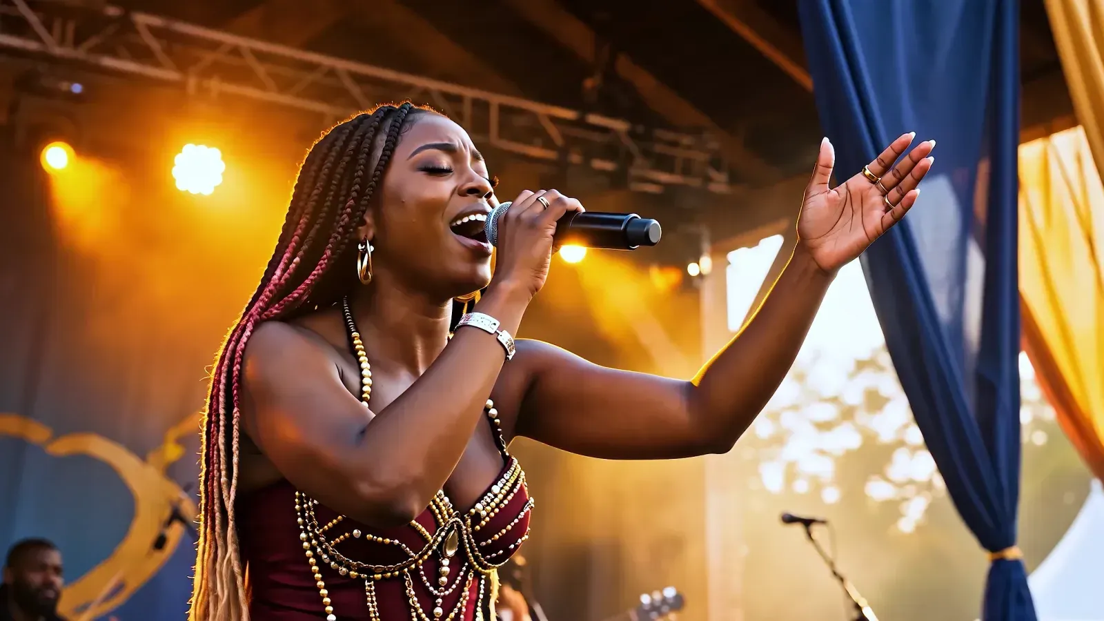 Close-up of a singer with long braids performing passionately into a microphone under stage lights
