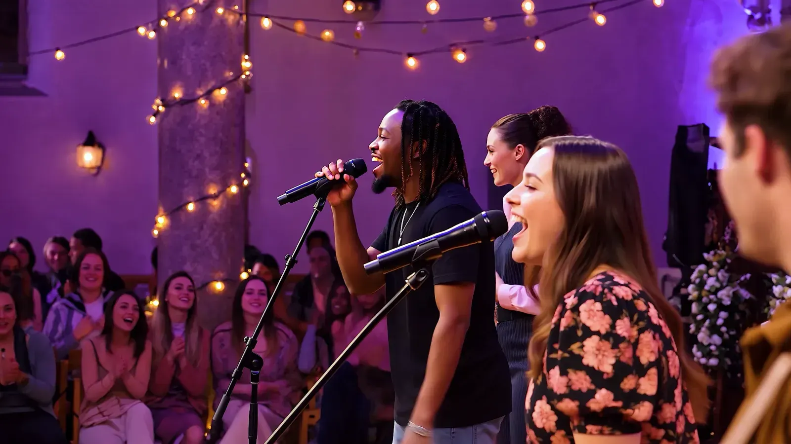 A man sings into a microphone alongside two women at an open-mic, warm string lights and a lively crowd behind