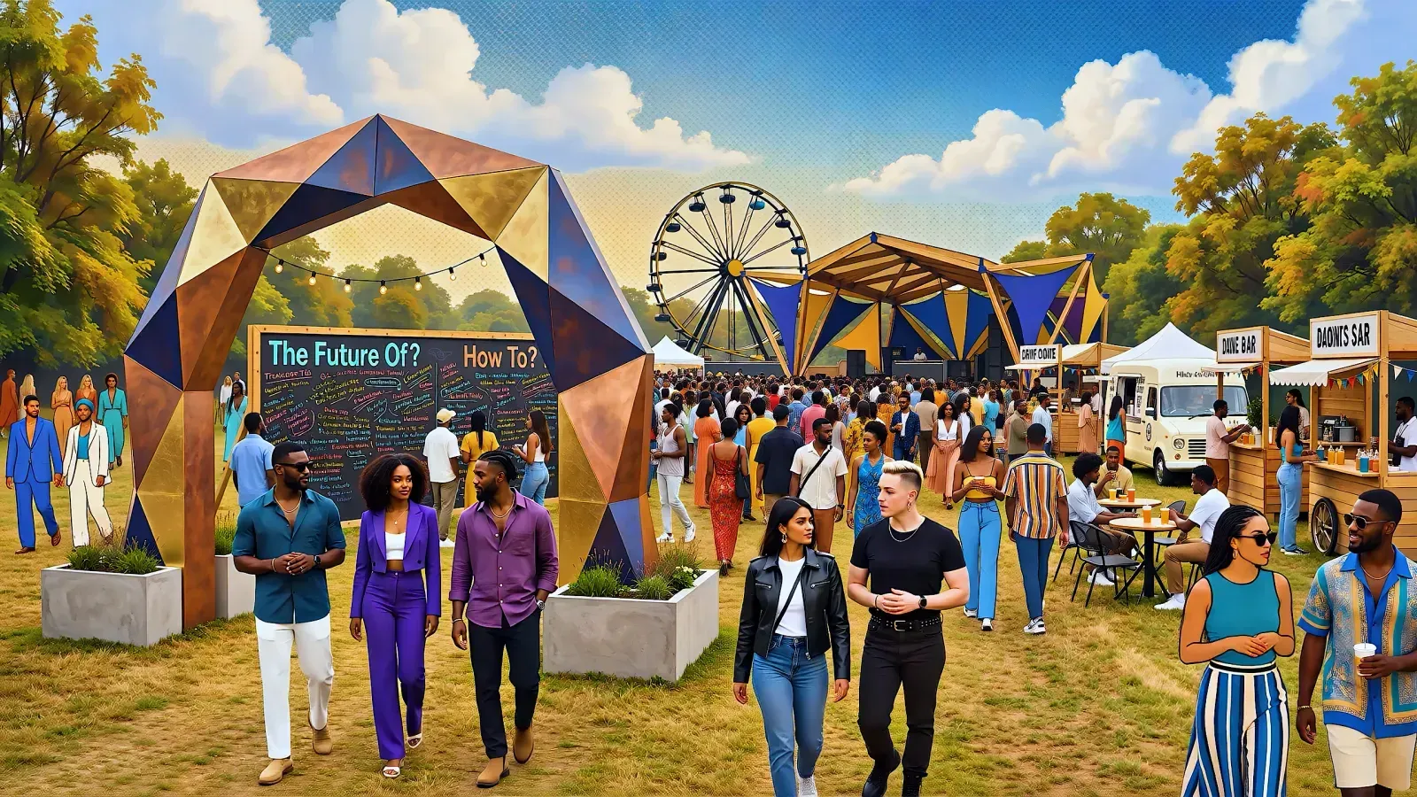 Busy festival field with a Ferris wheel, a canopy stage, food stalls and crowds walking through