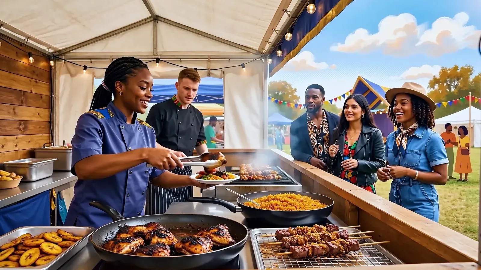 A chef serving grilled jerk chicken, jollof rice and skewers from a food stall to smiling guests
