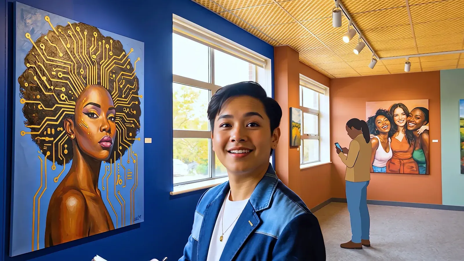 A smiling man in a gallery beside a painting of a woman whose Afro is drawn as circuit-board traces