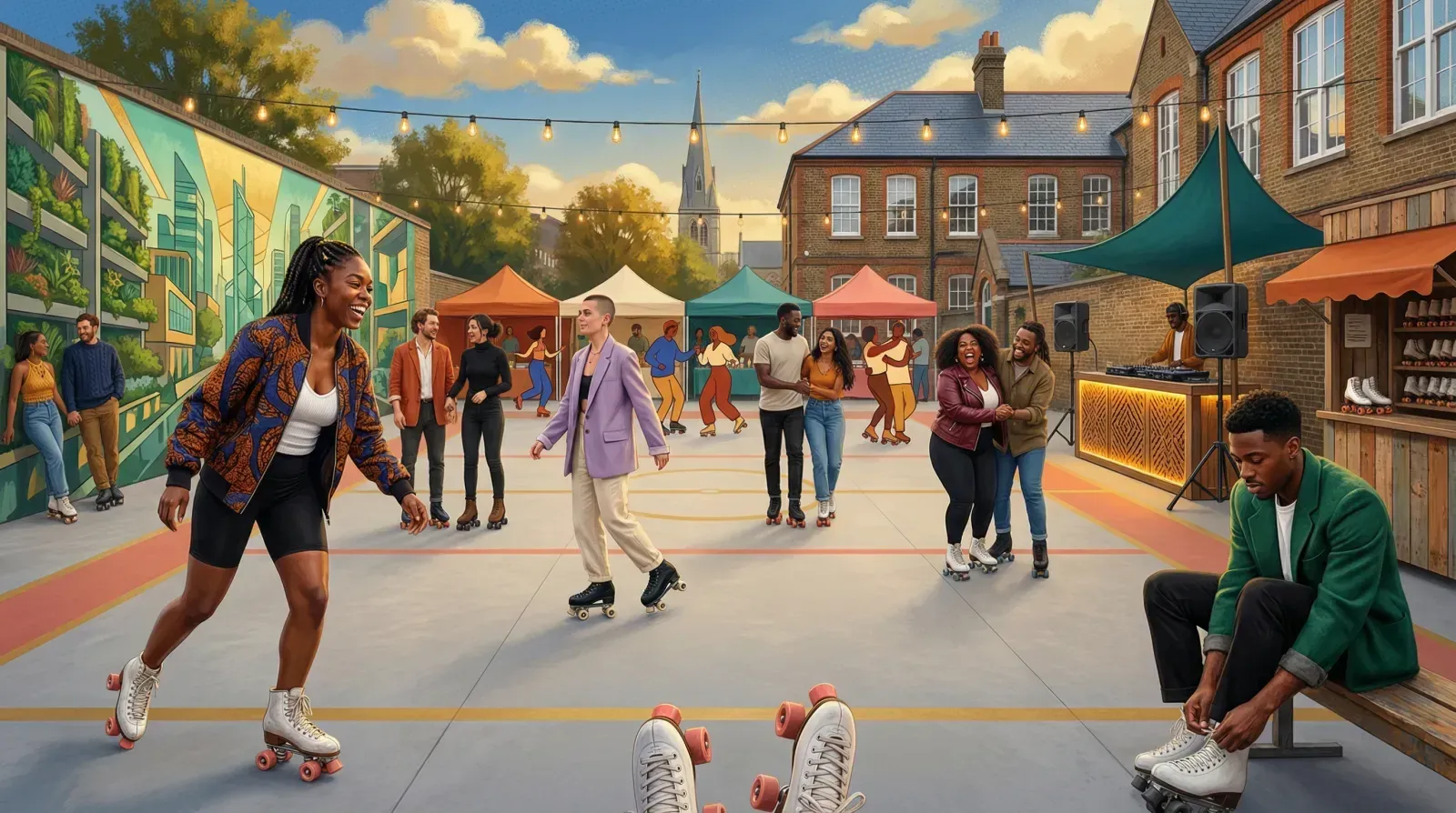 People roller-skating at an outdoor rink beside a green mural, a DJ and skate-hire stall to the side