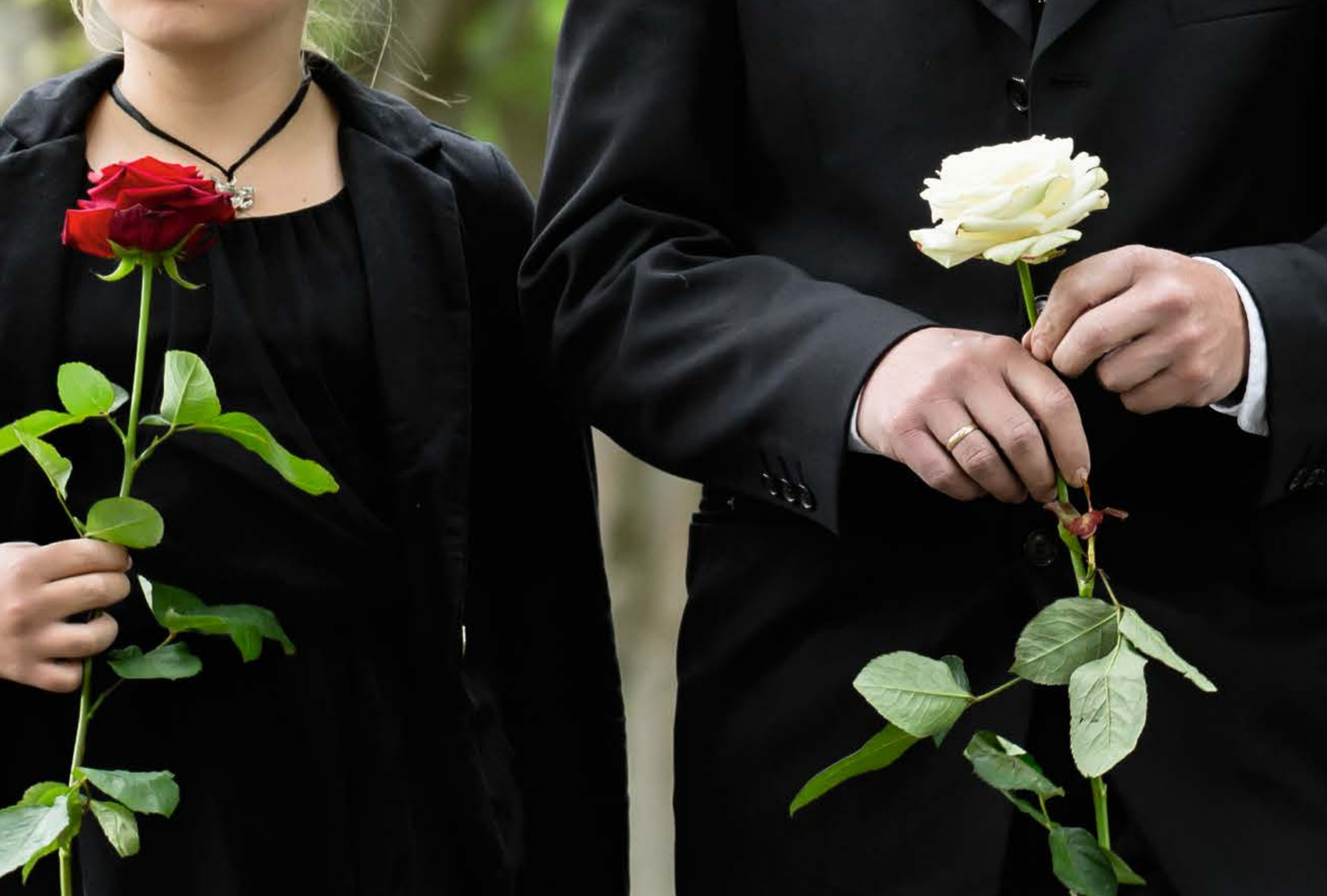 Personen houden rode en witte rozen vast