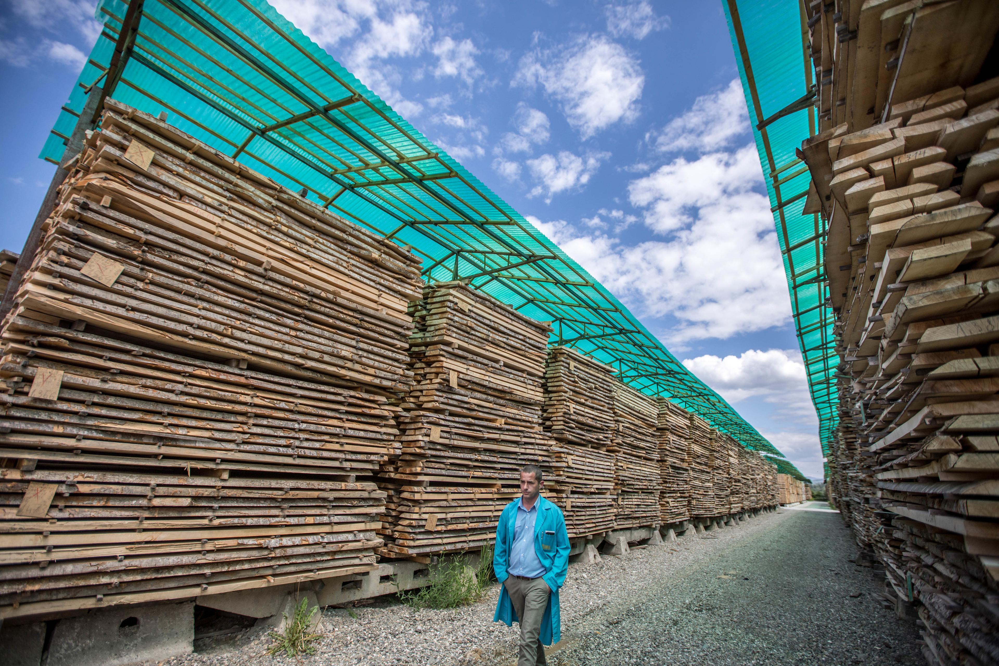 man loopt tussen stapels hout