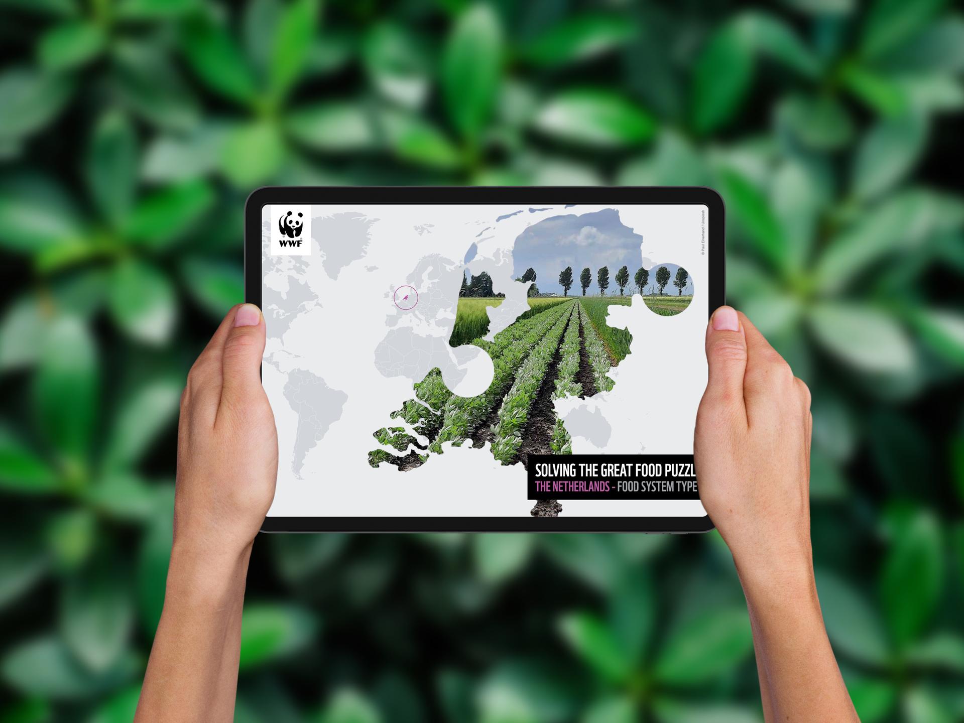De cover van het rapport Solving the Great Food Puzzle op een iPad