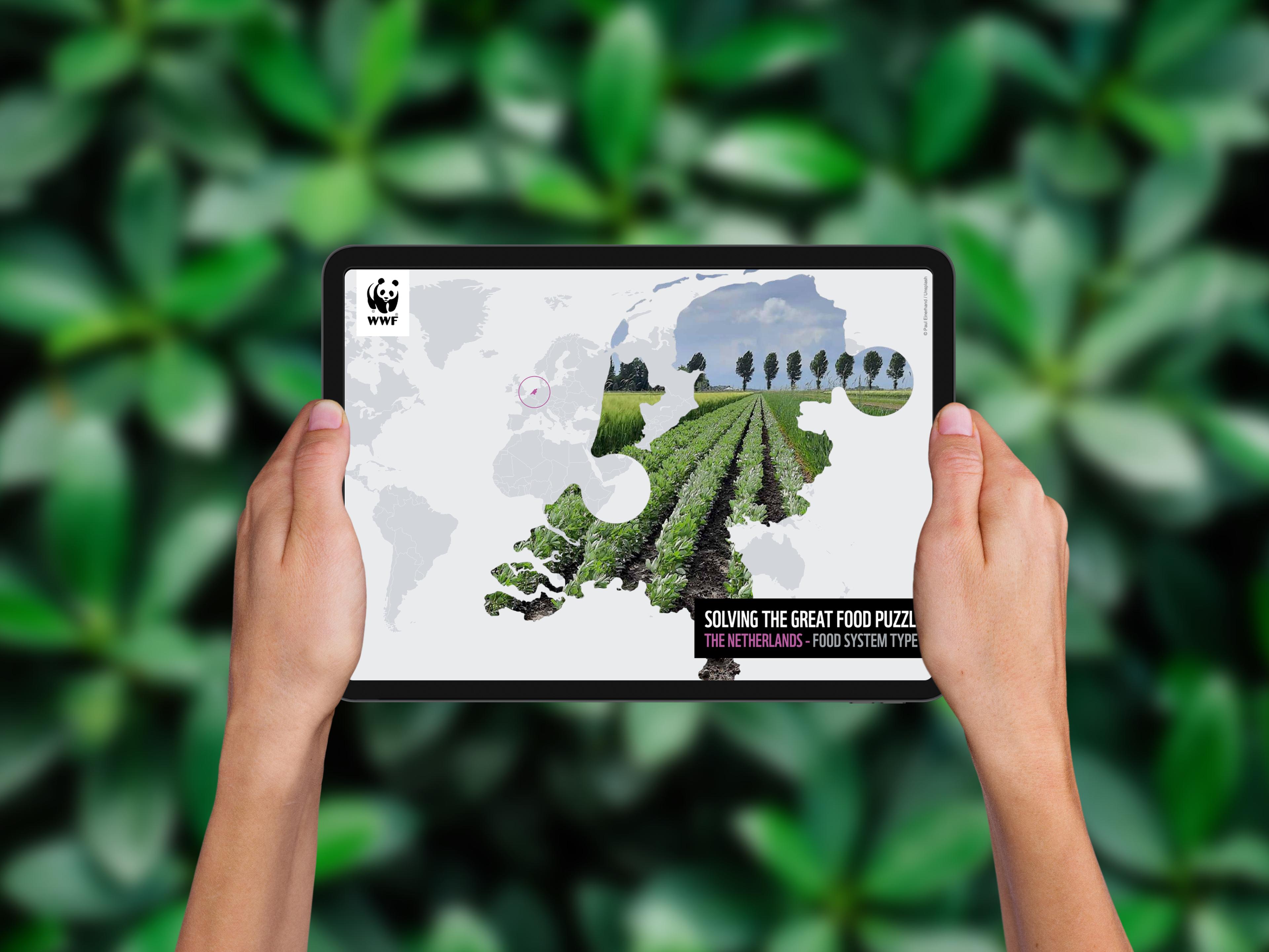 De cover van het rapport Solving the Great Food Puzzle op een iPad