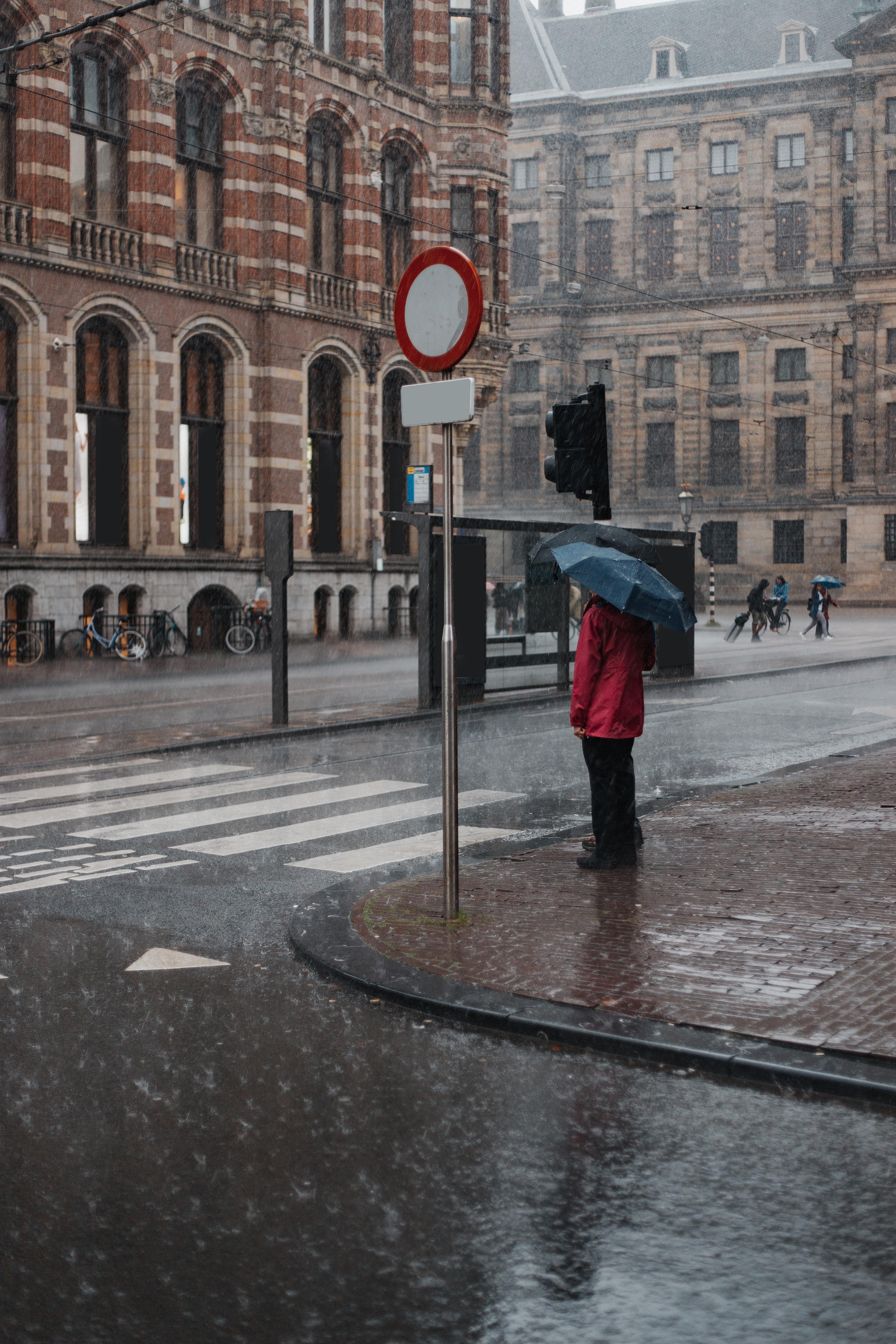 Persoon met paraplu in de regen, Nederland