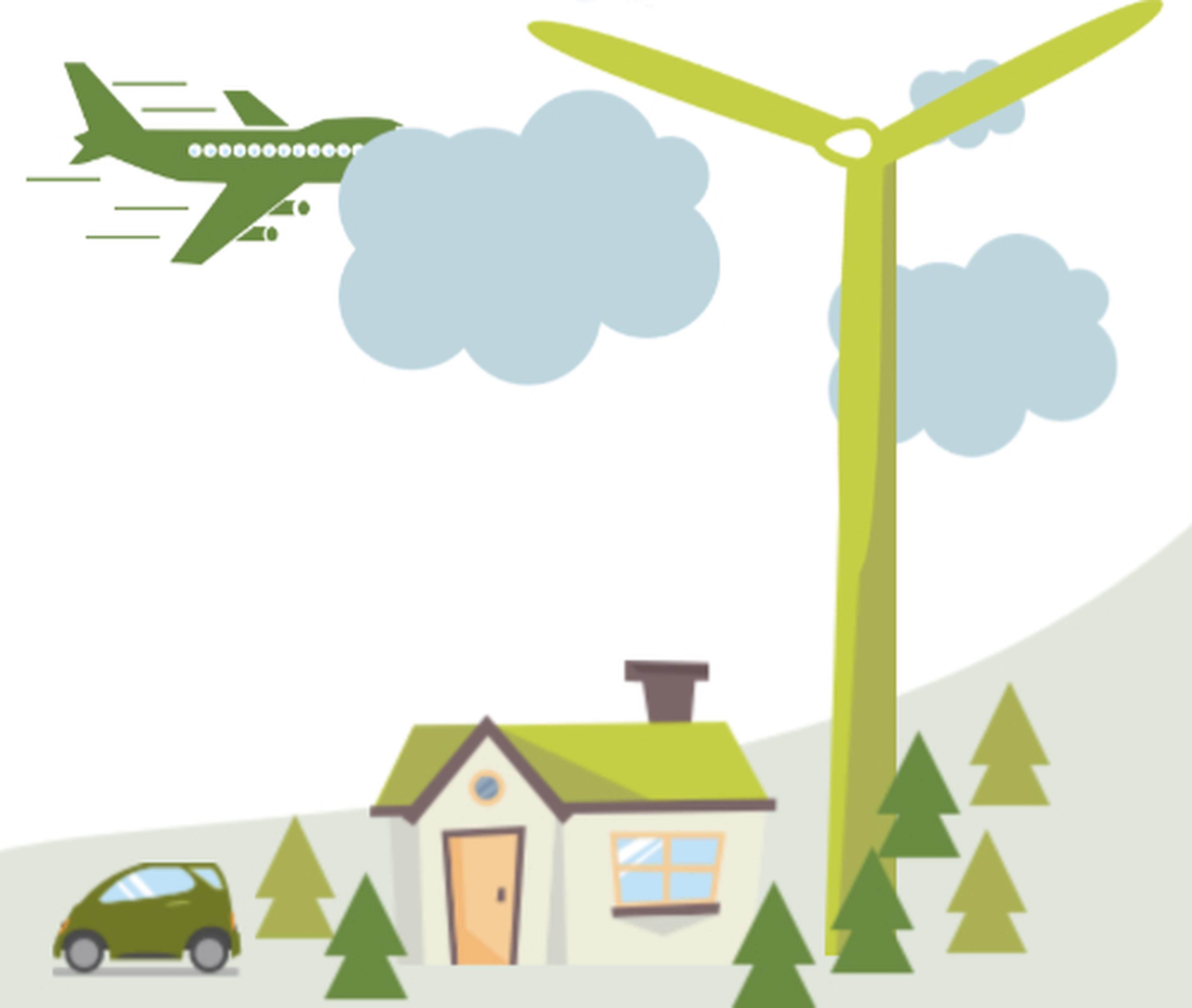illustratie van een windmolen met een auto en huis op de voorgrond
