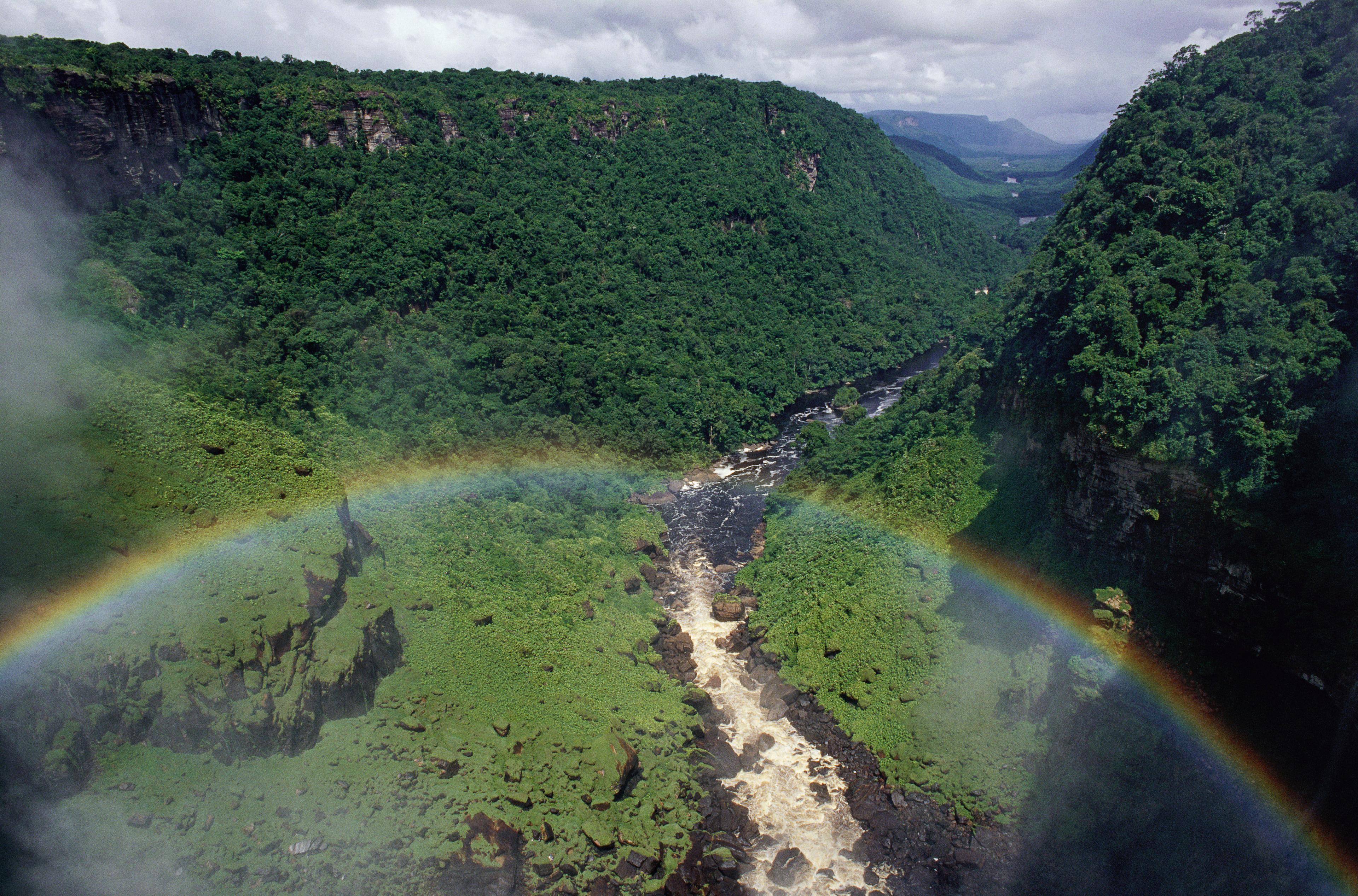 Regenboog boven rivier regenwoud, Guiana