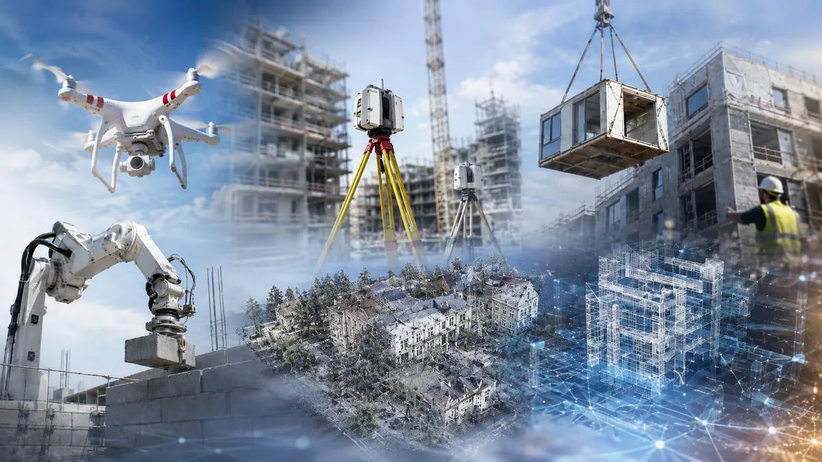 Modern construction technologies: a drone, robotic arm, laser scanner, building site, and digital data overlays.