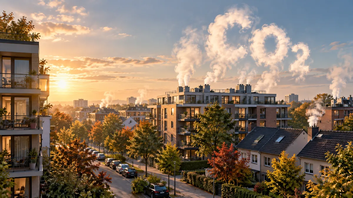 Illustration of a residential neighbourhood with a cloud shaped like CO2 above the buildings.