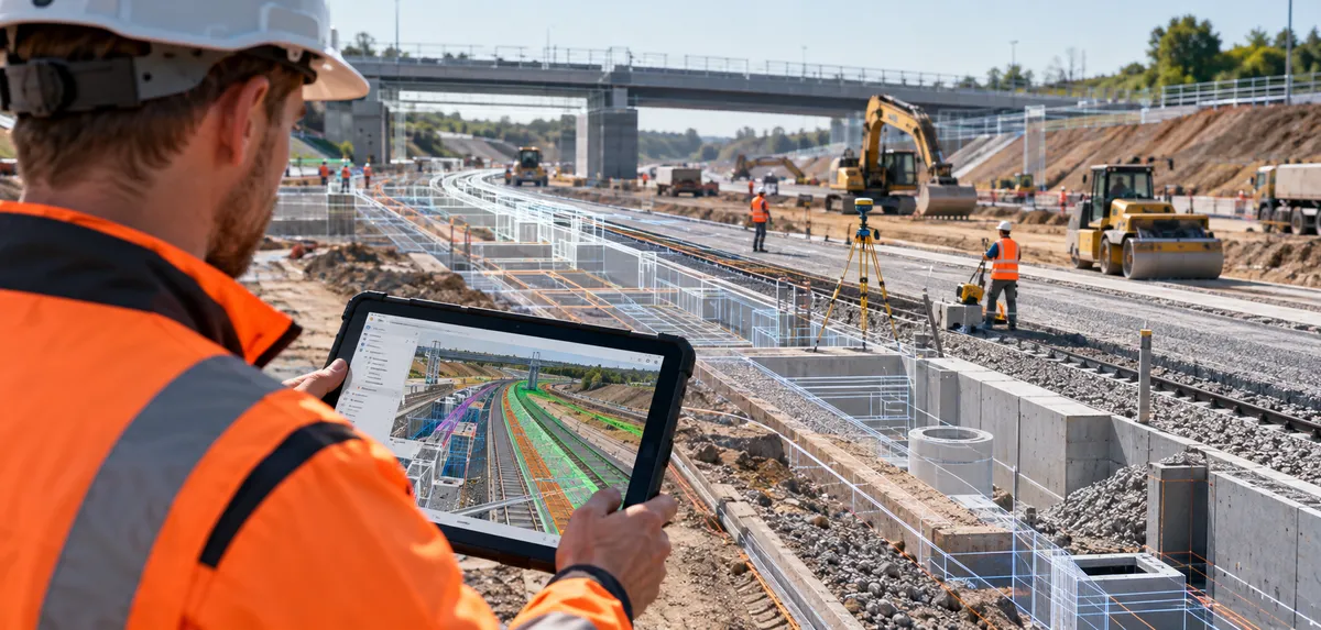 Ein Bauleiter mit Helm und Warnweste betrachtet auf einem Tablet eine digitale Bauzeichnung, während im Hintergrund eine Baustelle zu sehen ist.