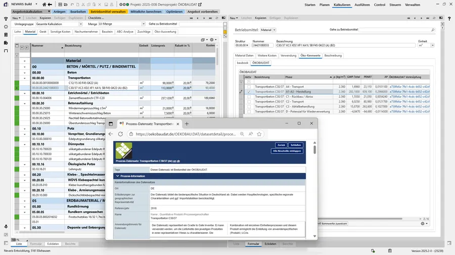 Software screens showing construction tender calculations.