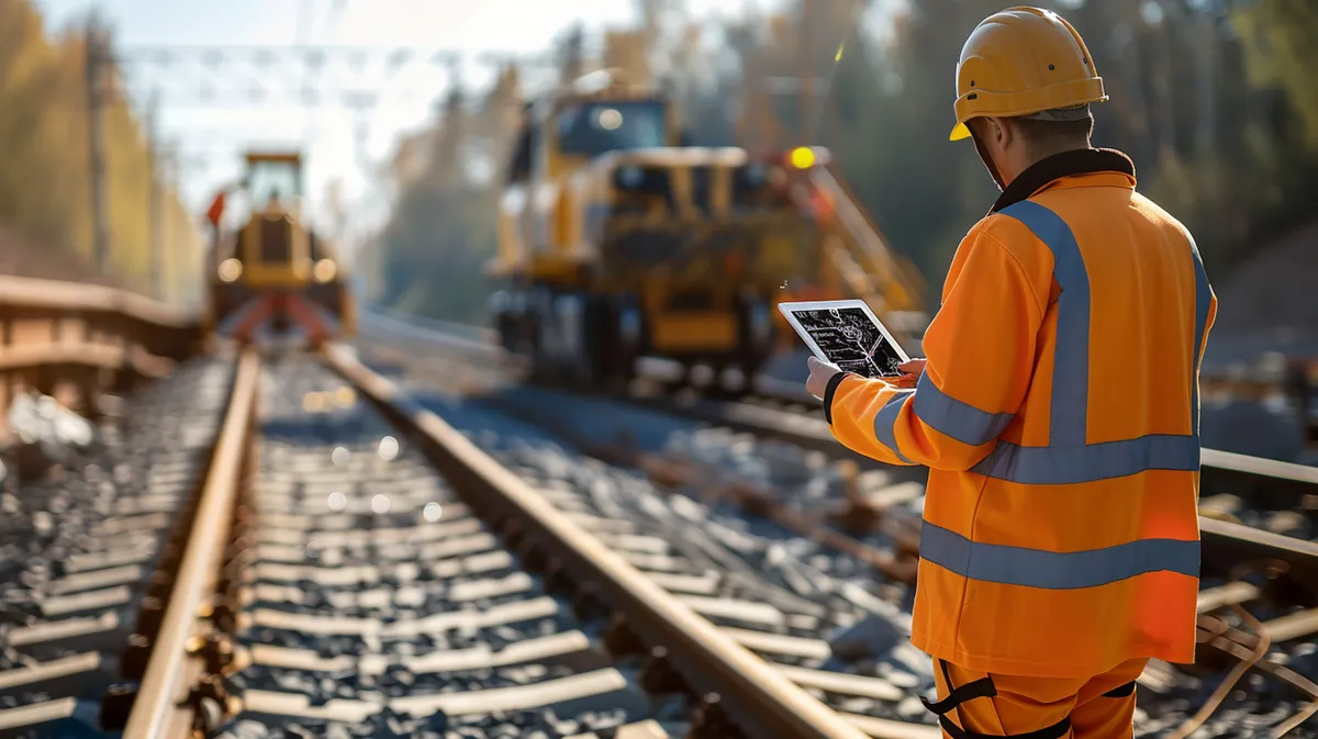 Railway engineer in orange safety gear viewing a tablet on tracks, with blurred yellow maintenance vehicles in the background.
