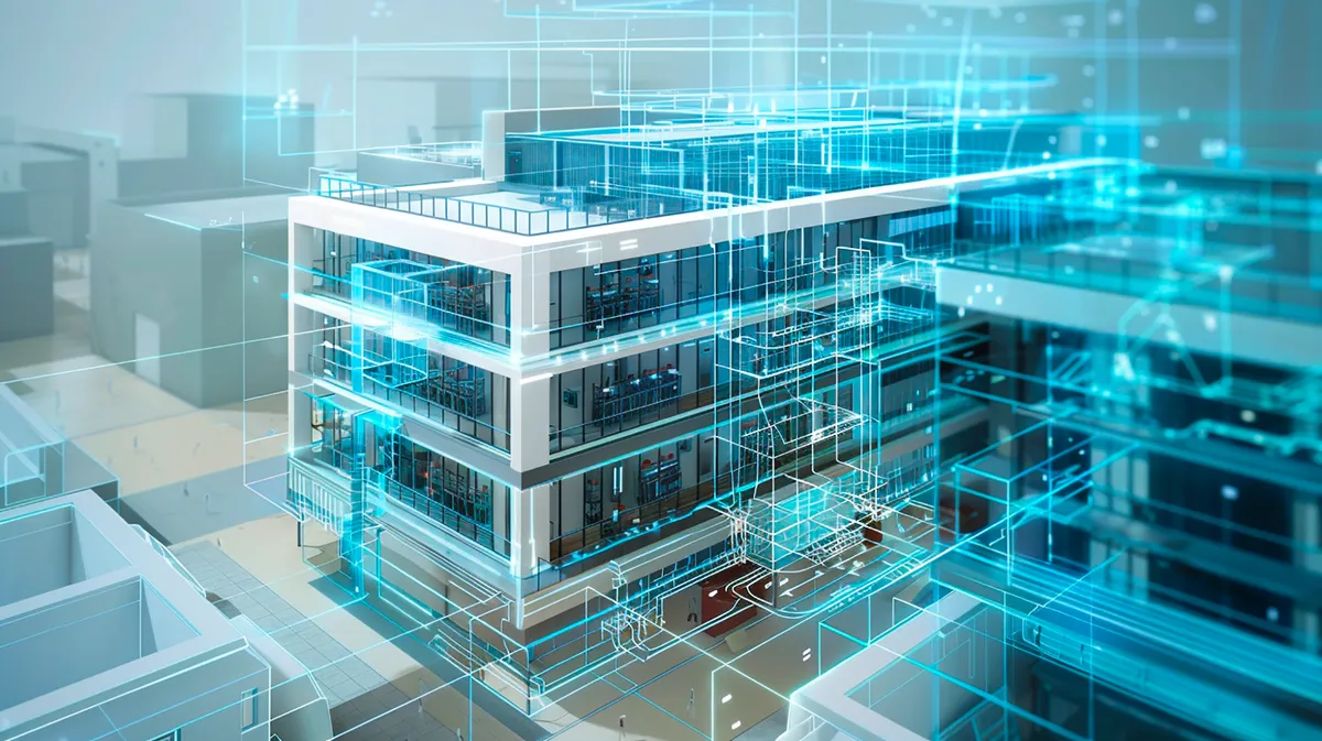 Dieses Bild zeigt eine digitale Visualisierung eines modernen, mehrstöckigen Gebäudes, überlagert mit holographischen 3D-Bauplänen und technischen Zeichnungen.