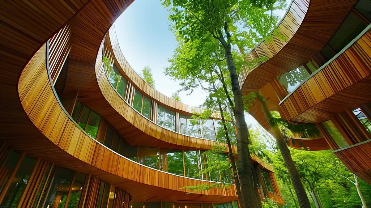 A modern timber building surrounded by tall trees.
